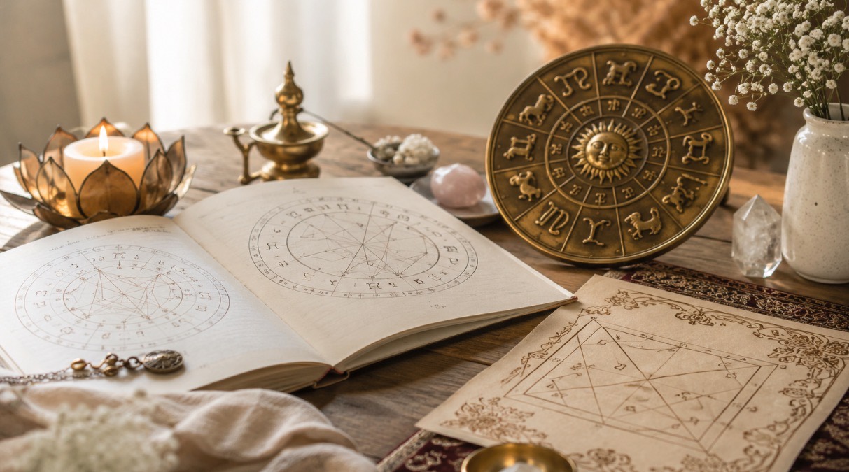 Livres d’astrologie, cartes du ciel et objets dorés sur une table