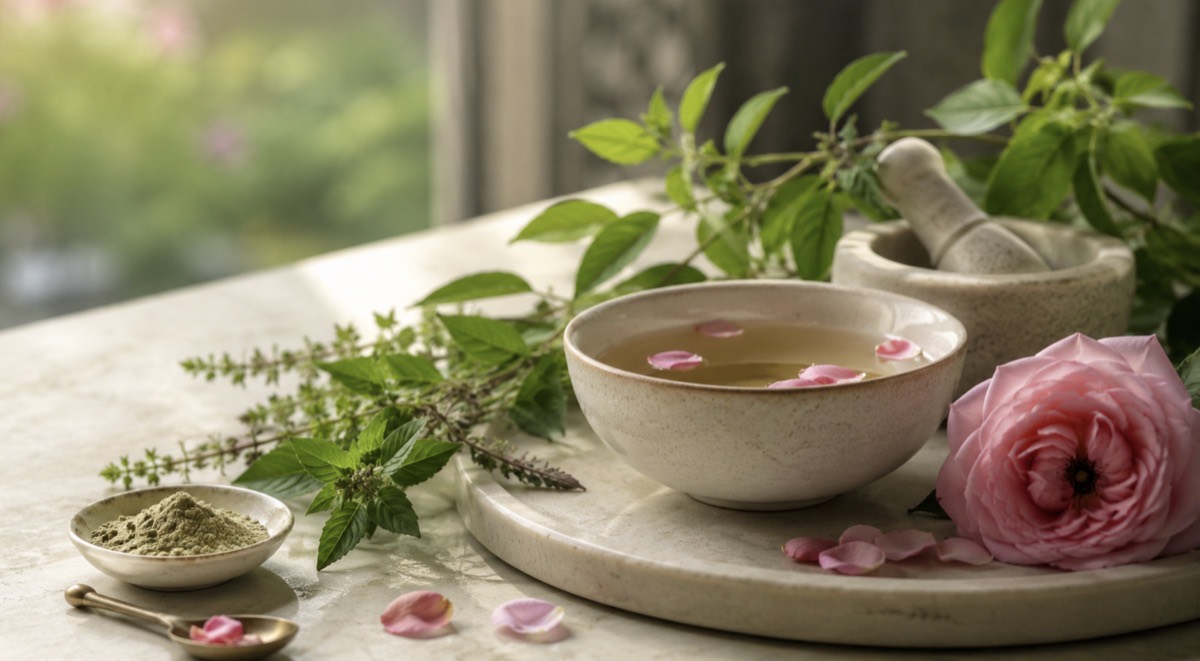 Infusion, plantes fraîches et rose, préparation ayurvédique