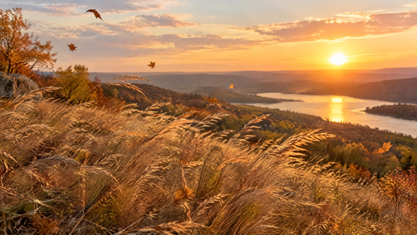 Herbes dorées courbées par le vent au soleil couchant