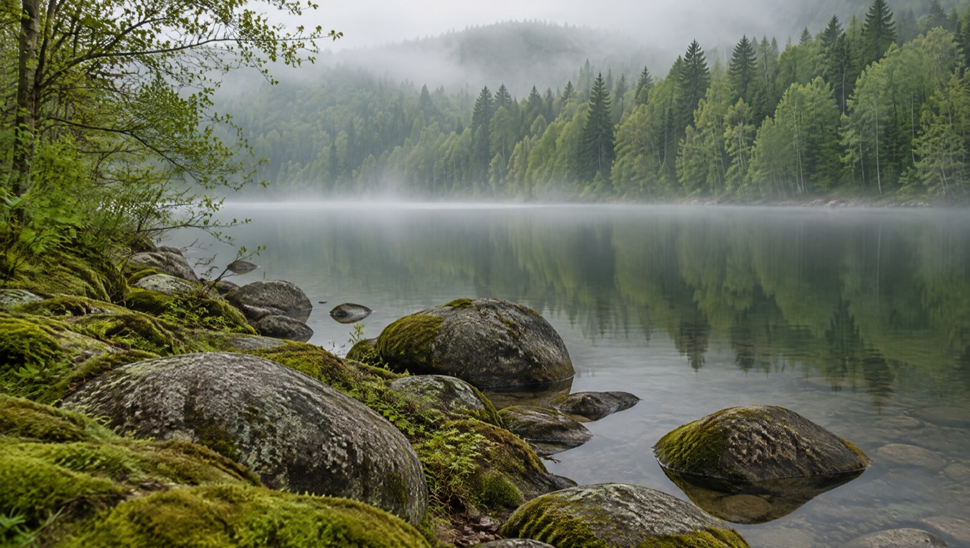 Lac calme au petit matin, galets lourds sur une berge moussue et brume légère