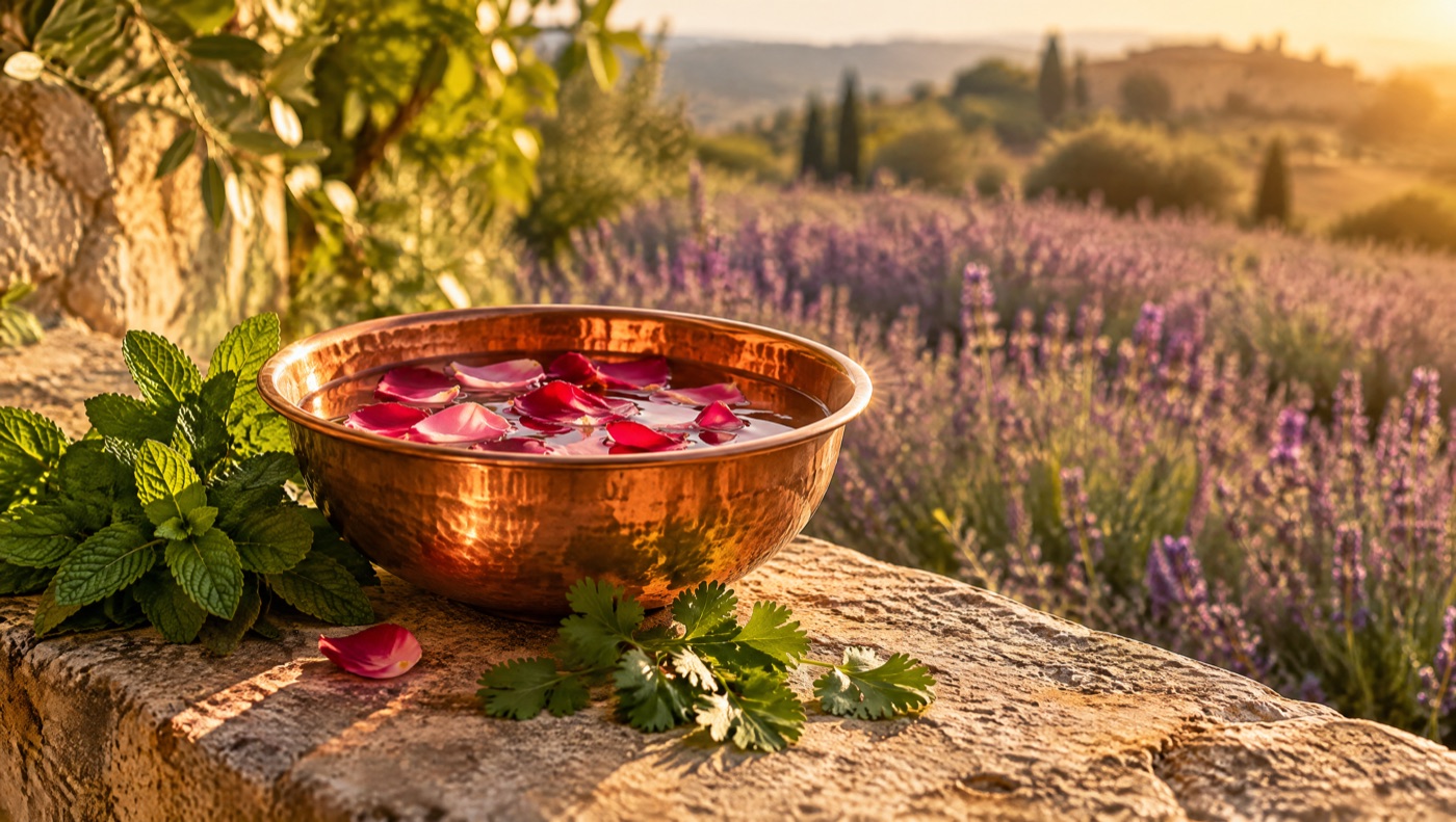Bol de cuivre avec des pétales de rose au soleil d’été, menthe et coriandre