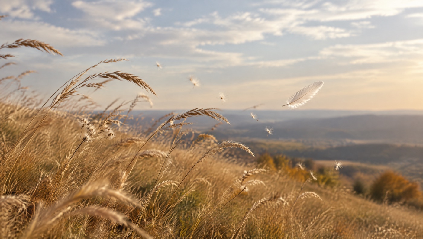Herbes sèches courbées par le vent sur une colline, lumière d’automne