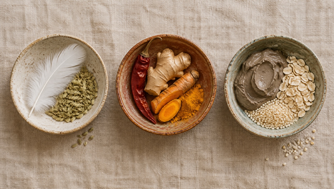 Trois bols représentant les doshas Vata, Pitta et Kapha : plume et fenouil, épices chaudes, argile et graines