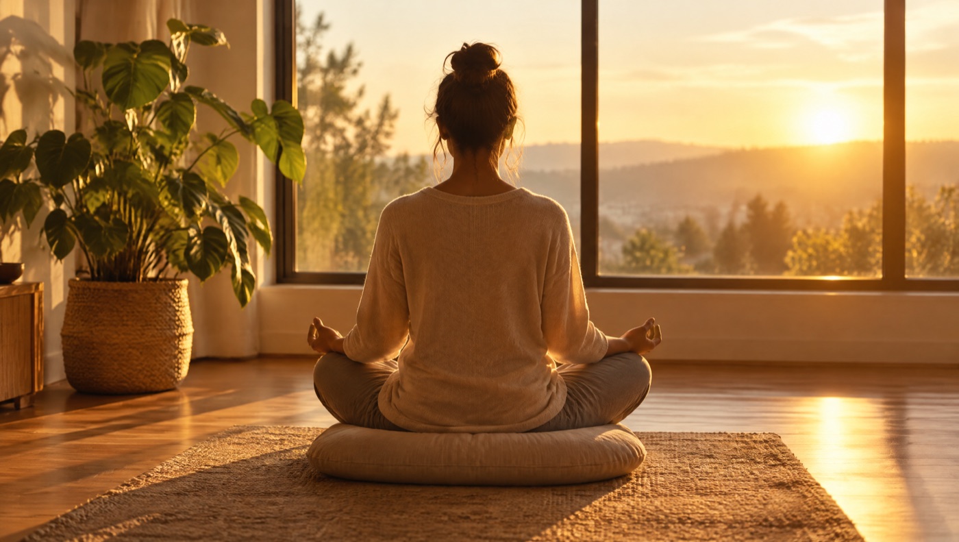 Personne assise de dos devant une fenêtre, en pratique de respiration, lumière du matin