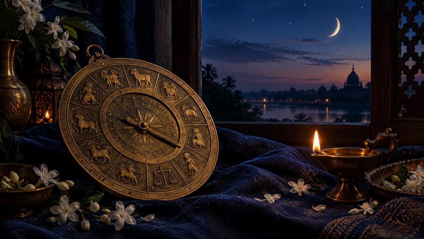 Roue du zodiaque en laiton, croissant de lune et lampe à huile au crépuscule