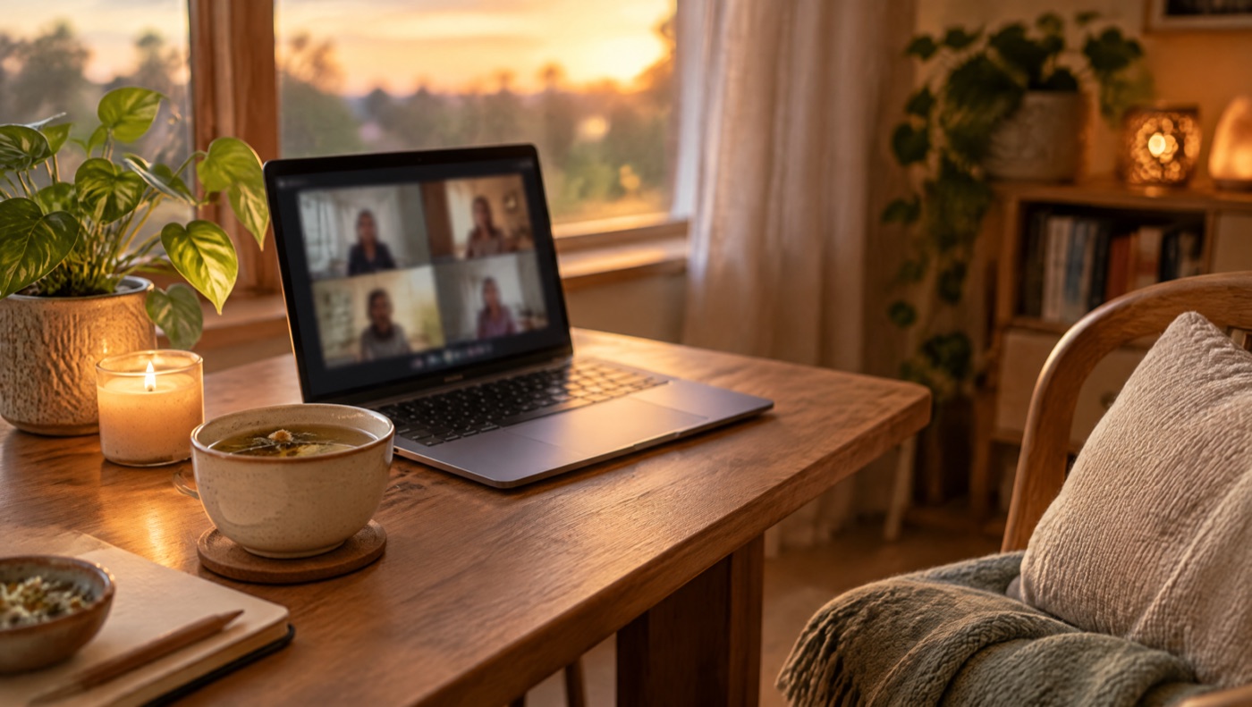 Table en bois avec un ordinateur portable, une bougie et une tisane, pour une séance de soin à distance