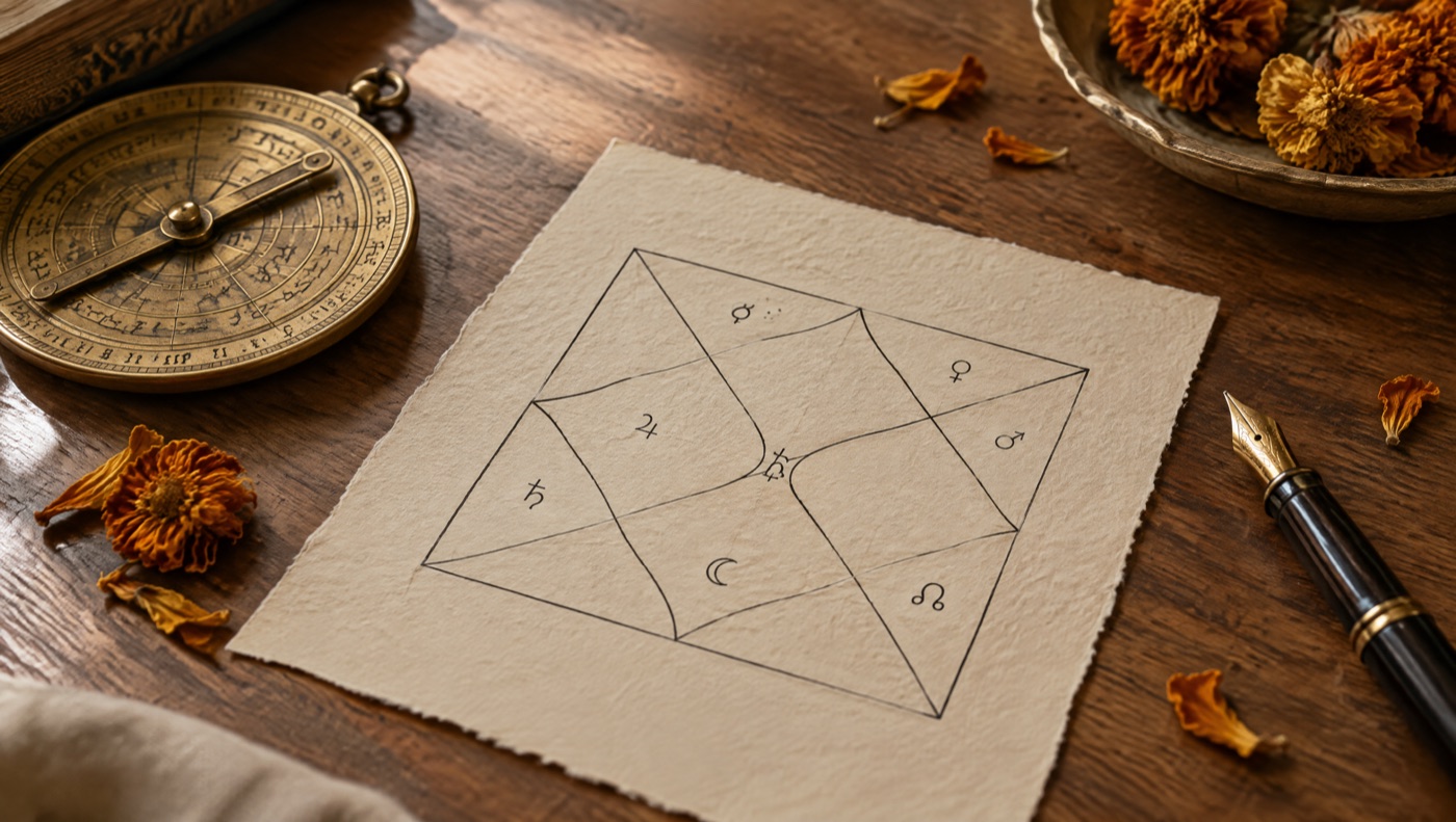 Thème astral védique dessiné à la main sur papier, avec un astrolabe en laiton