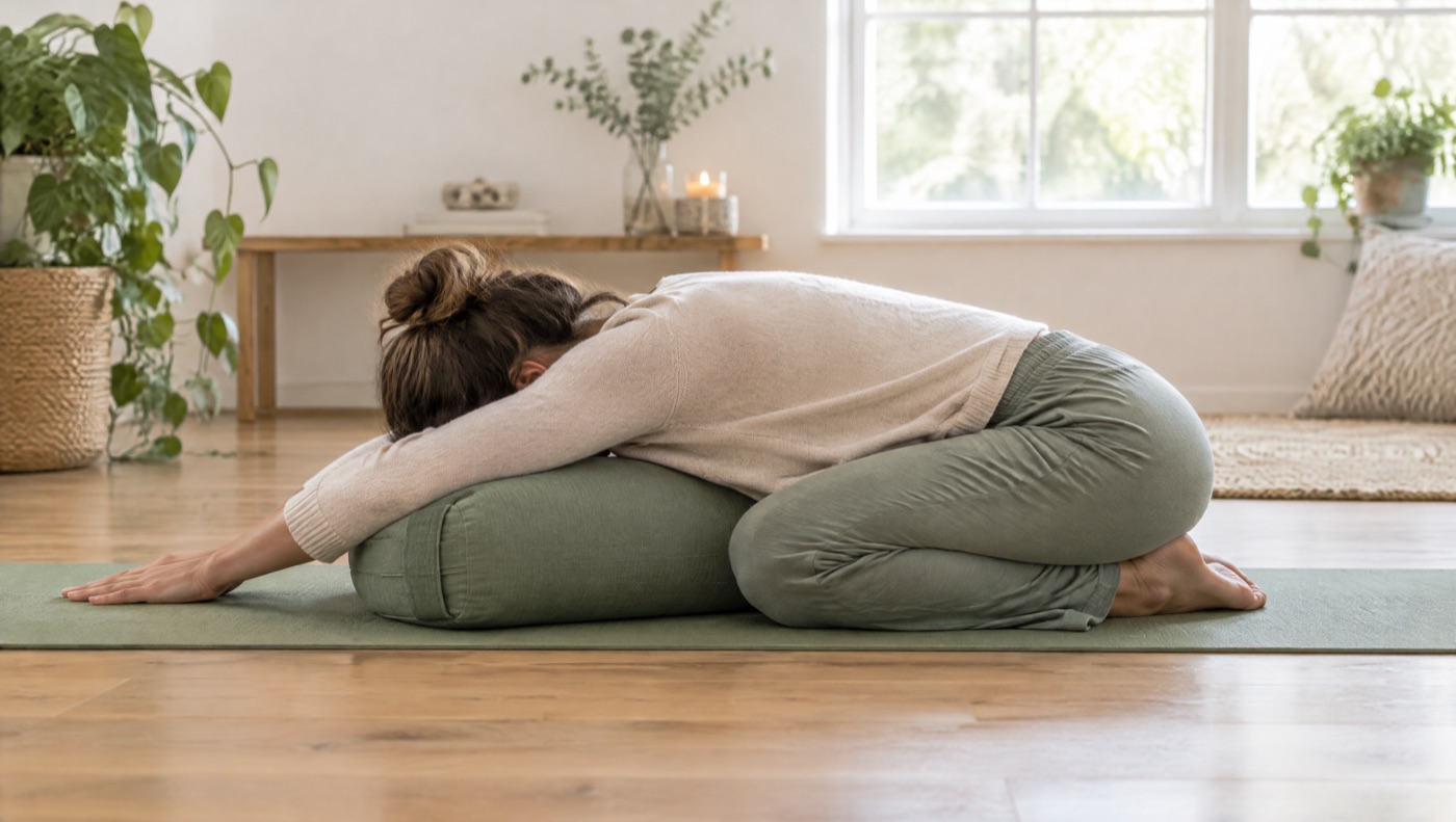 Posture de l’enfant sur un tapis de yoga avec un bolster, dans une pièce lumineuse
