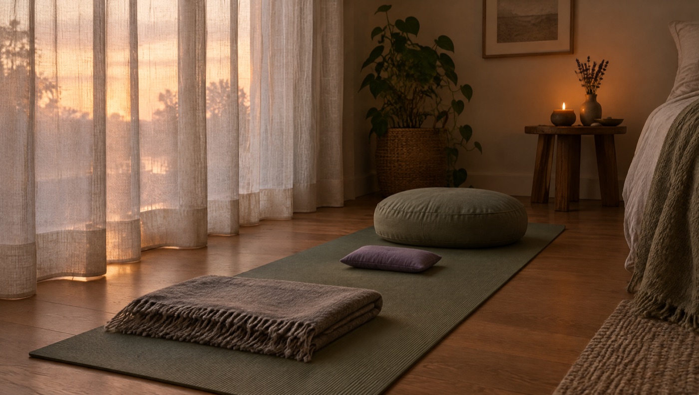 Coin de chambre préparé pour une séance de yoga nidra, tapis, couverture et coussin pour les yeux