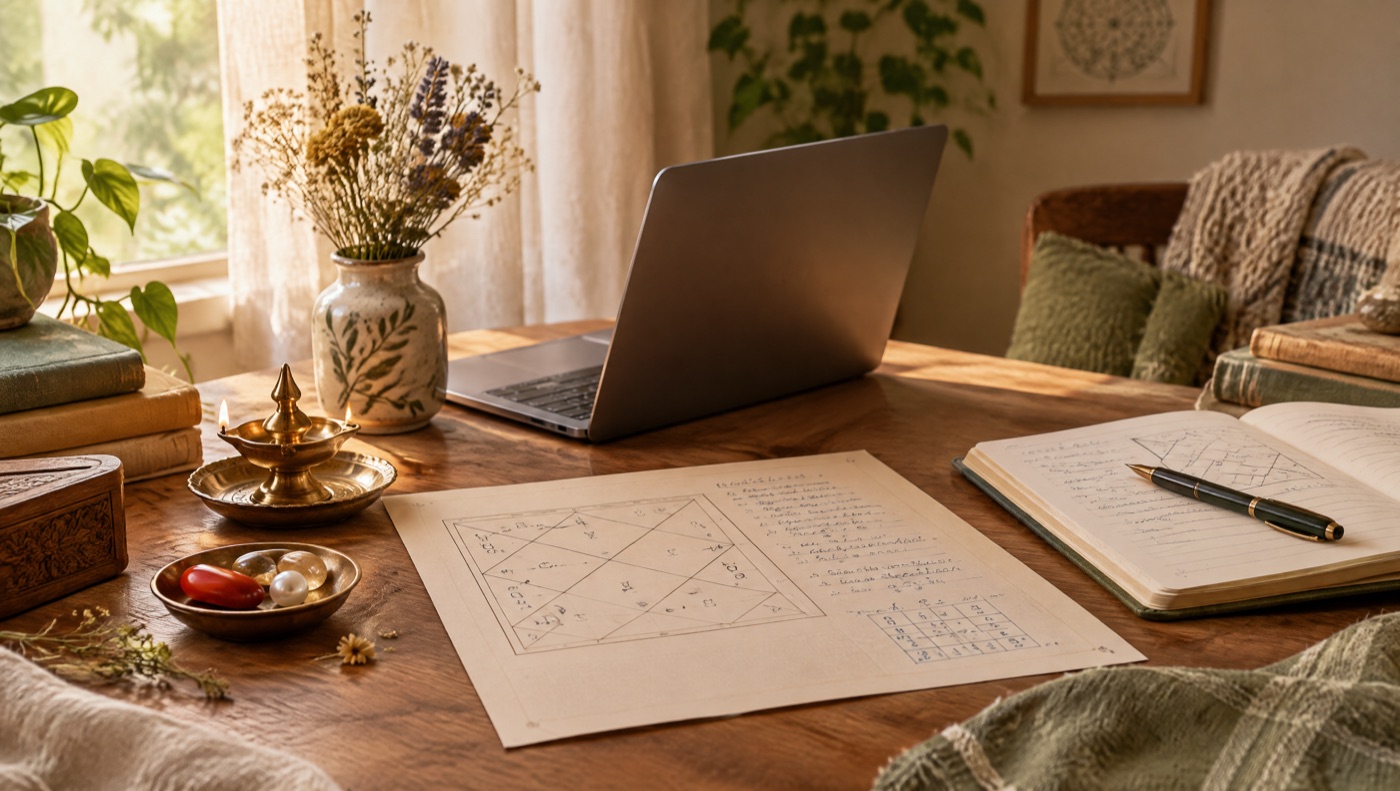 Bureau avec un thème védique imprimé, un carnet et une lampe à huile