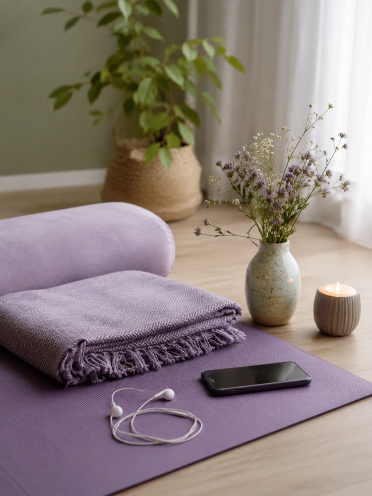 Tapis de yoga dans une pièce calme, prêt pour une séance de yoga nidra allongée